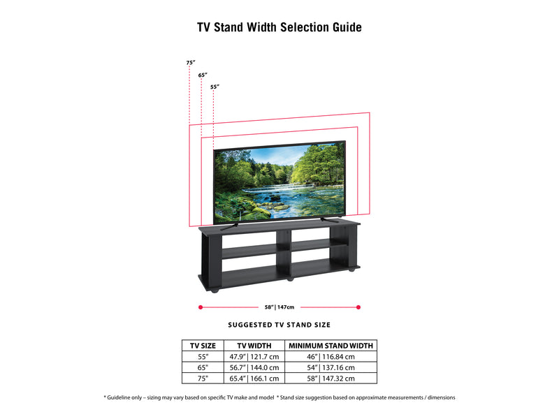 Black Wooden TV Stand for TVs up to 75" Fillmore Collection infographic by CorLiving