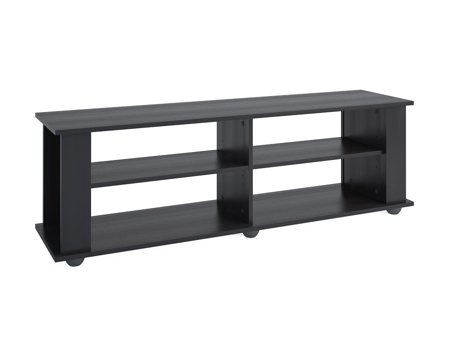 Black wooden TV stand with open shelving and sleek metal handles, suitable for TVs up to 75 inches, featuring a modern design with a smooth finish and ample storage space for electronics and decor.