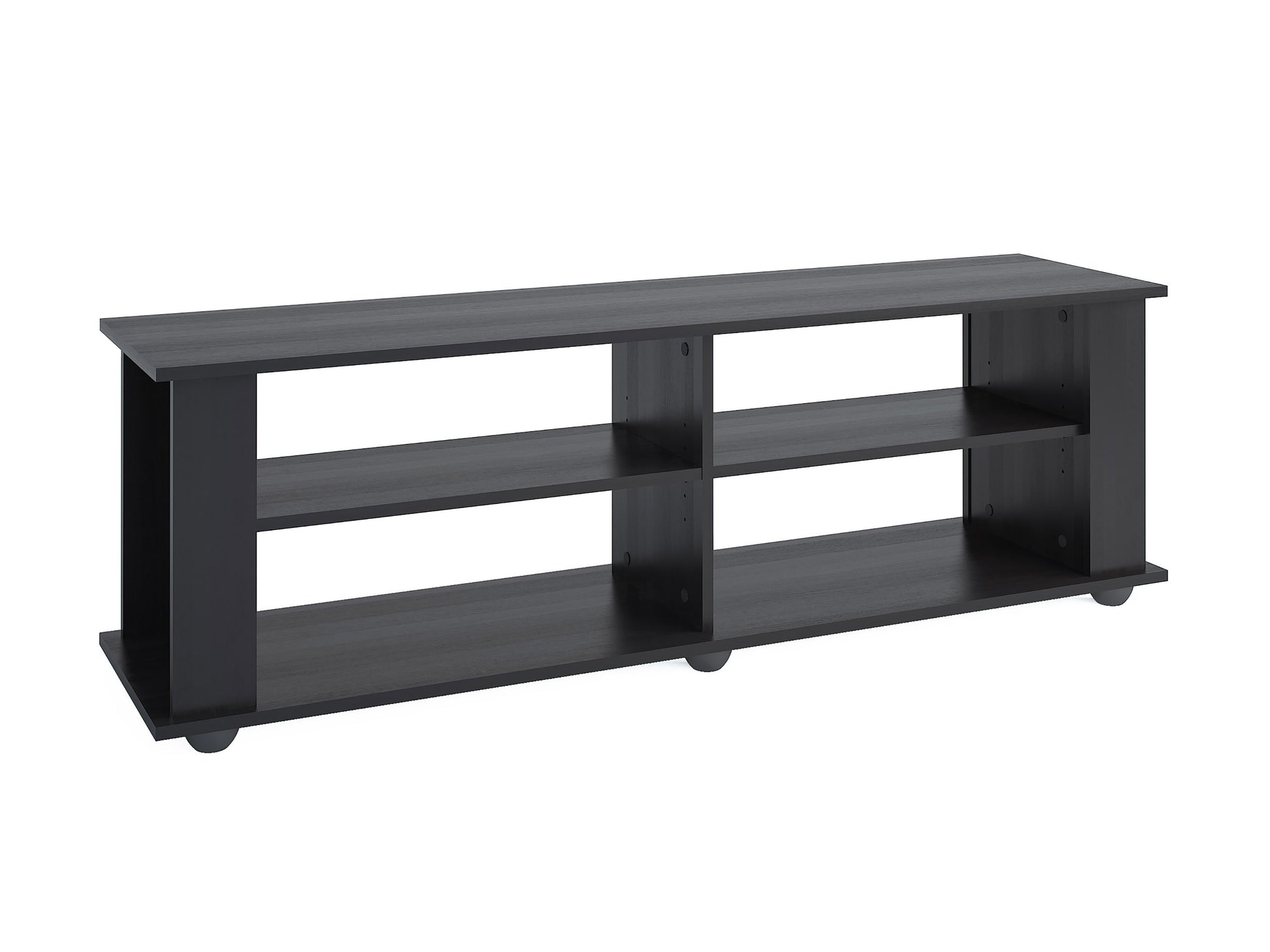 Black wooden TV stand with open shelving and sleek metal handles, suitable for TVs up to 75 inches, featuring a modern design with a smooth finish and ample storage space for electronics and decor.
