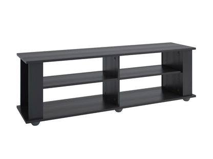 Black wooden TV stand with open shelving and sleek metal handles, suitable for TVs up to 75 inches, featuring a modern design with a smooth finish and ample storage space for electronics and decor.
