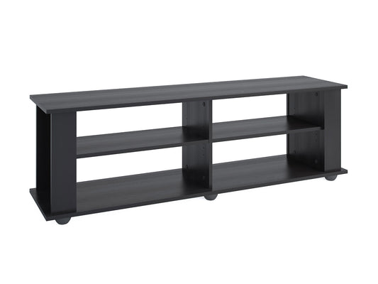 Black wooden TV stand with open shelving and sleek metal handles, suitable for TVs up to 75 inches, featuring a modern design with a smooth finish and ample storage space for electronics and decor.