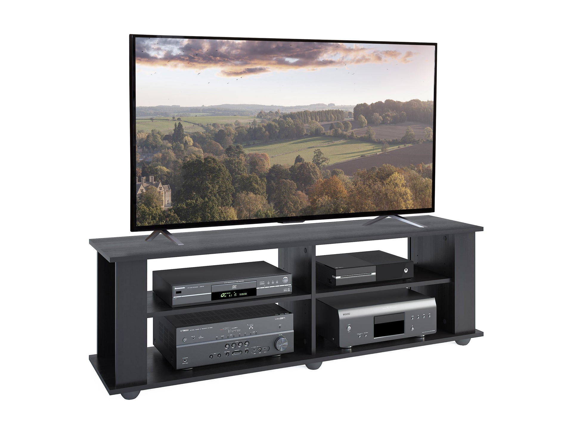 Black wooden TV stand for TVs up to 75 inches, featuring a sleek design with open shelves and two cabinet doors for storage, perfect for modern living rooms.