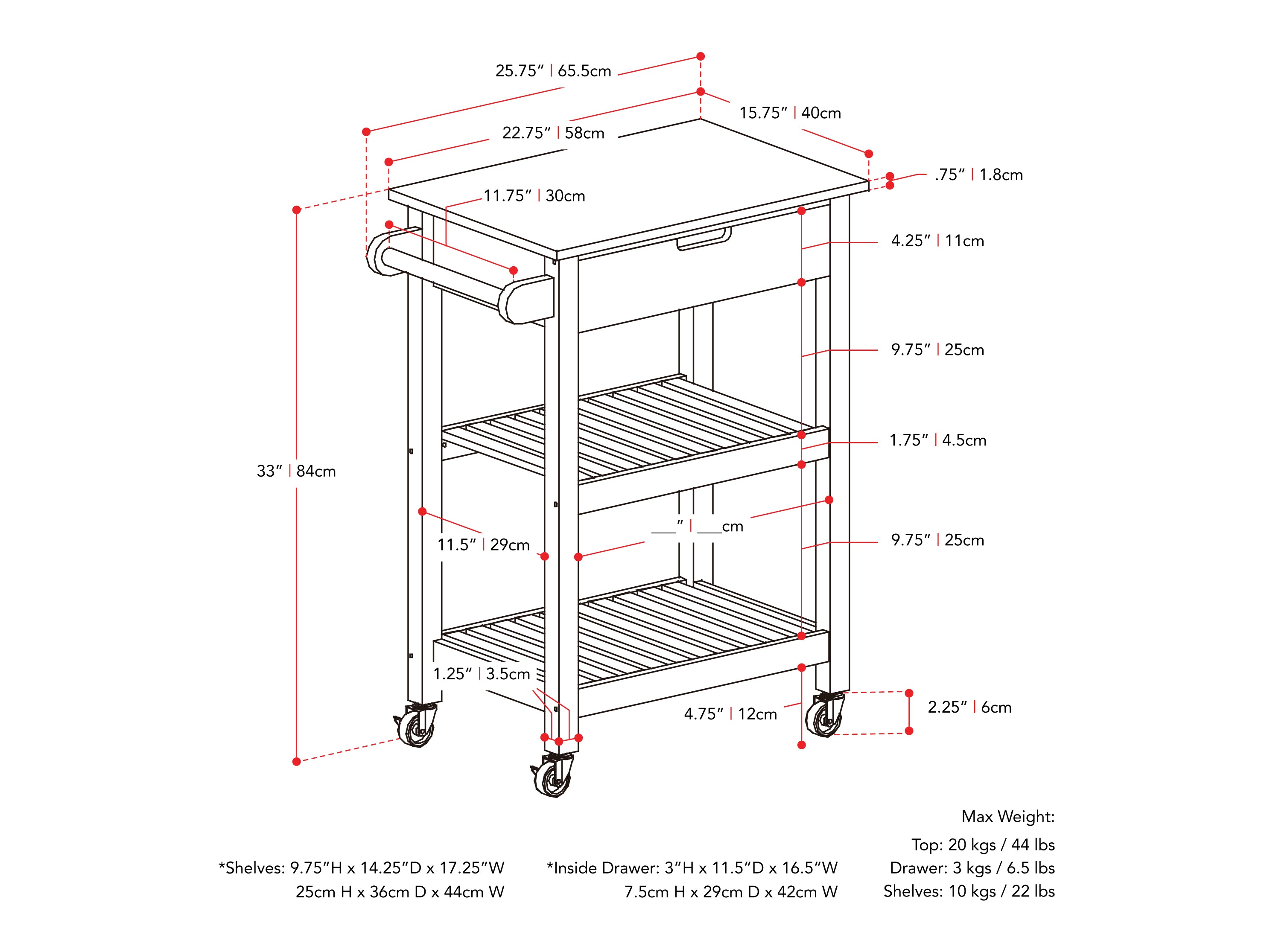 black Kitchen Cart on Wheels Sage Collection measurements diagram by CorLiving#color_black