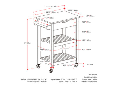 black Kitchen Cart on Wheels Sage Collection measurements diagram by CorLiving#color_black