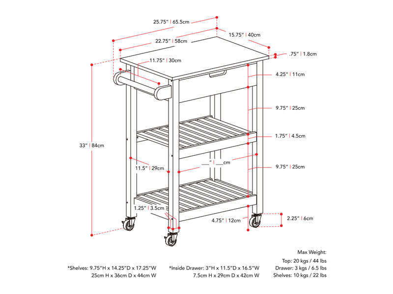 black Kitchen Cart on Wheels Sage Collection measurements diagram by CorLiving