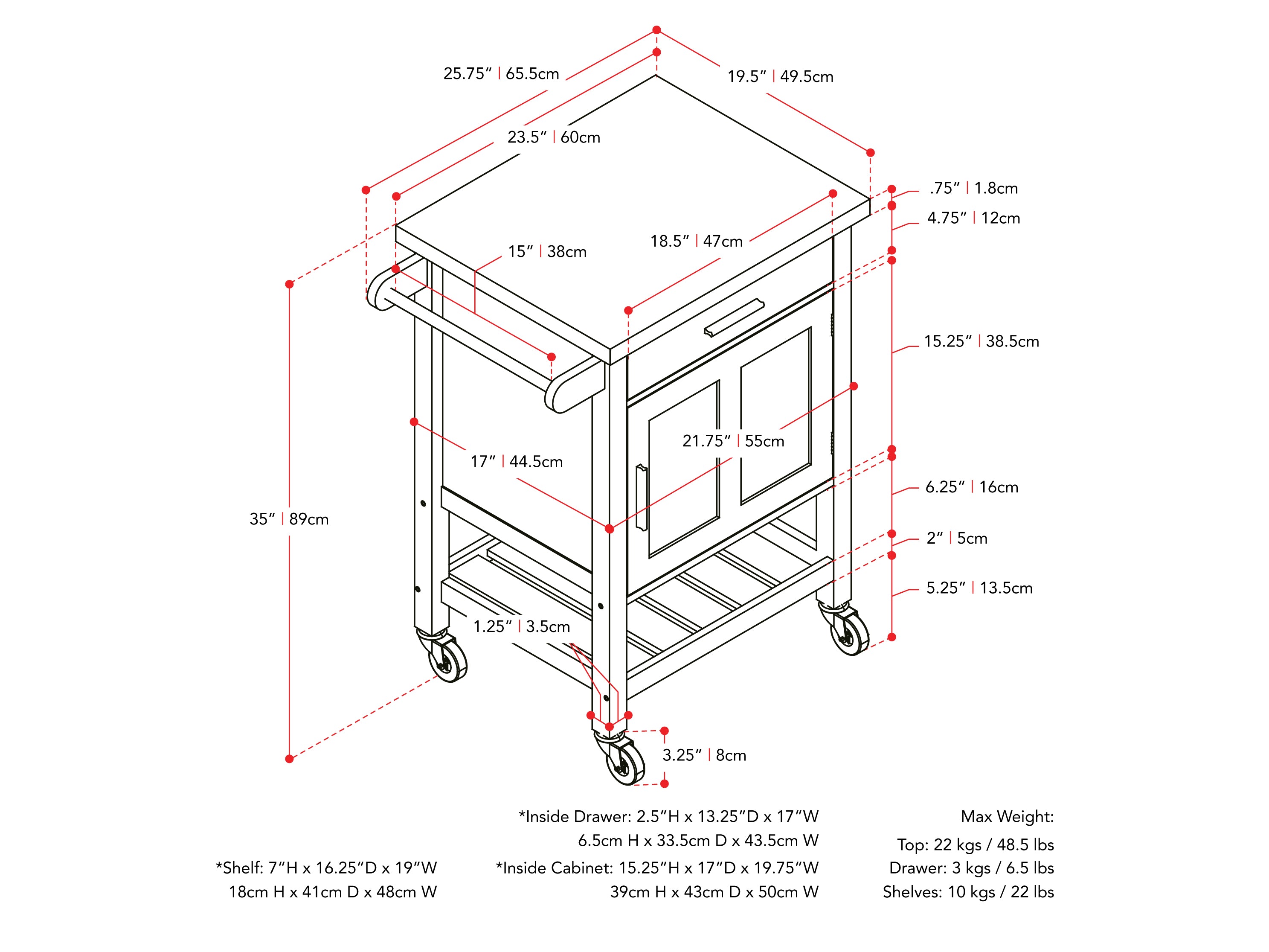 black Kitchen Cart on Wheels Callan Collection measurements diagram by CorLiving#color_black