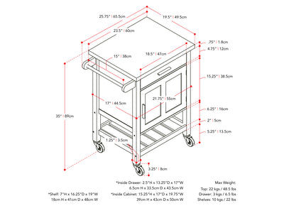 white Kitchen Cart on Wheels Callan Collection measurements diagram by CorLiving#color_white