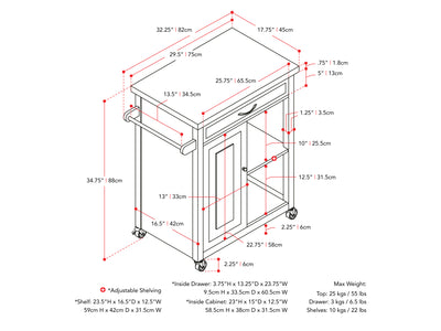 black Kitchen Cart on Wheels Chase Collection measurements diagram by CorLiving#color_black