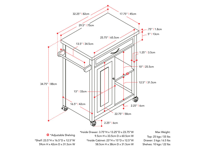 black Kitchen Cart on Wheels Chase Collection measurements diagram by CorLiving