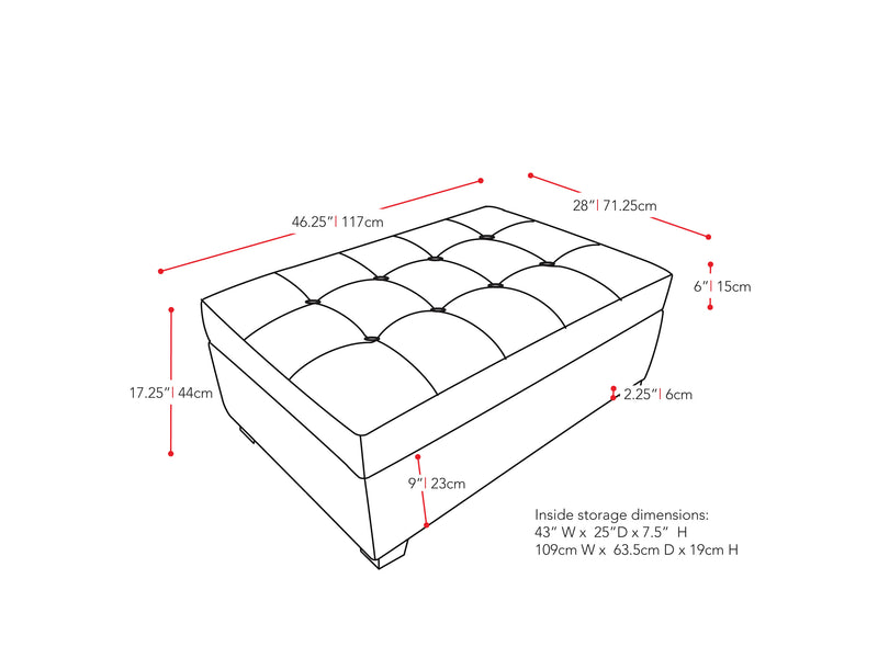 black Tufted Ottoman with Storage Antonio Collection measurements diagram by CorLiving