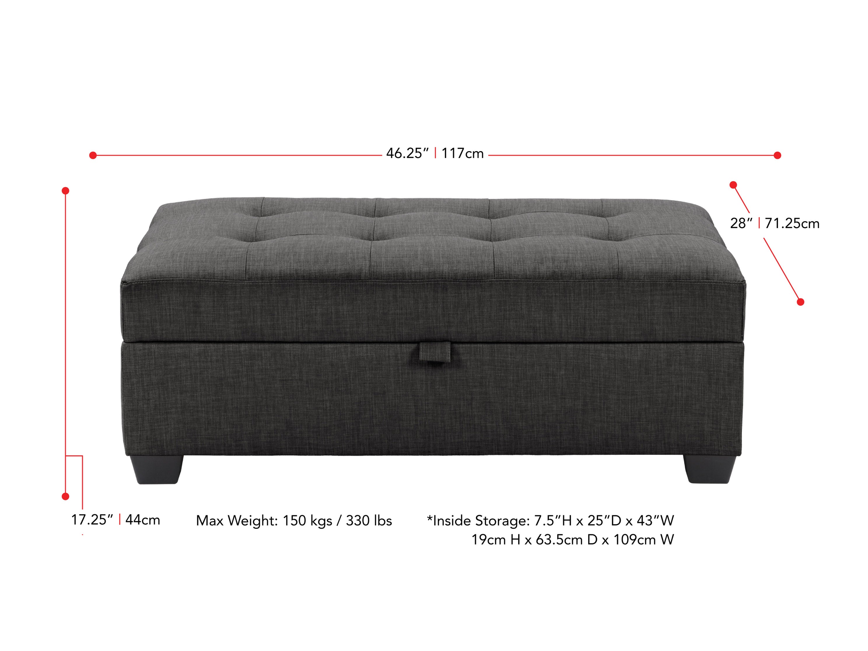 grey Tufted Storage Bench Antonio Collection measurements diagram by CorLiving#color_antonio-grey