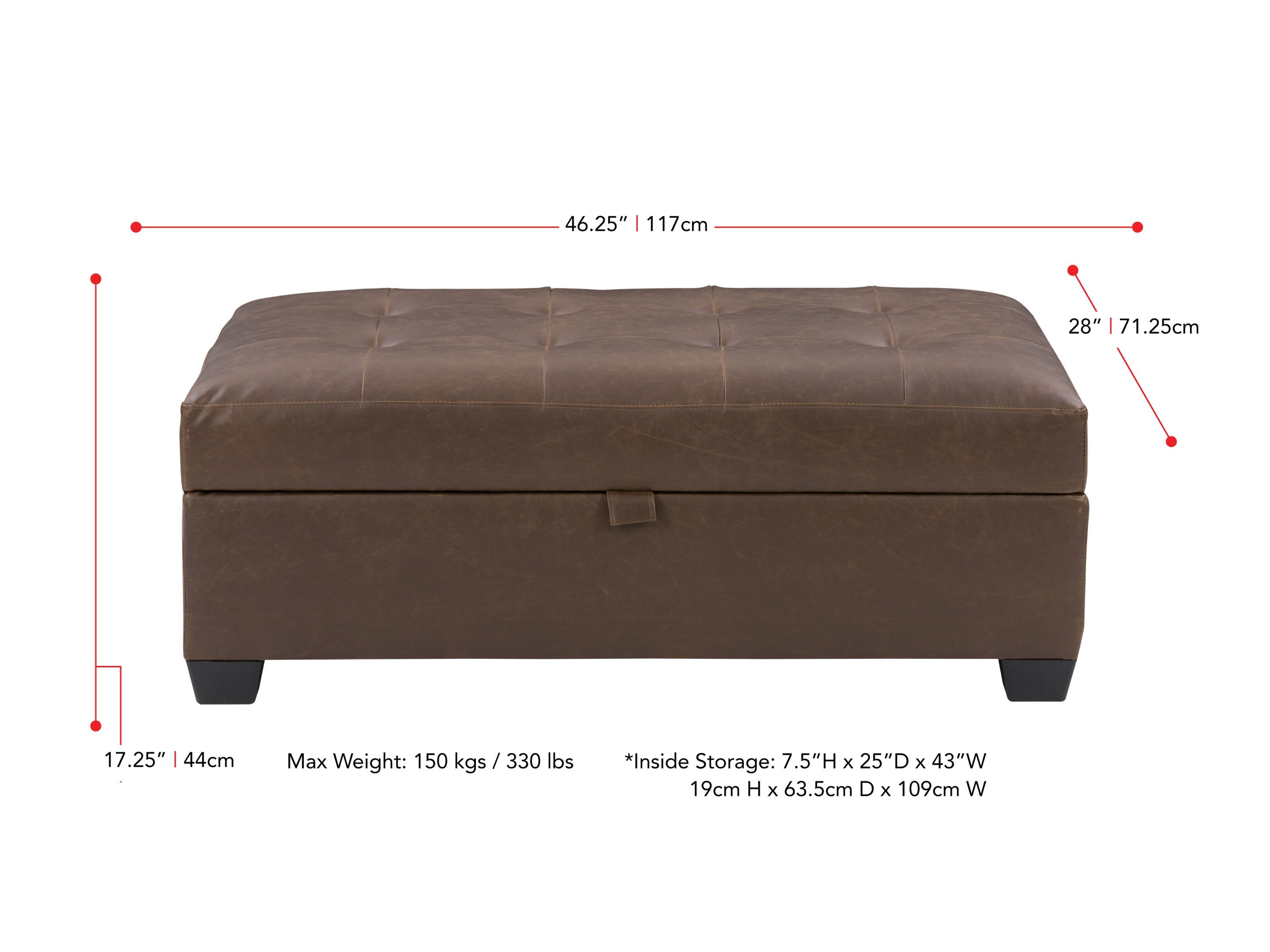 dark brown Tufted Ottoman with Storage Antonio Collection measurements diagram by CorLiving#color_antonio-dark-brown