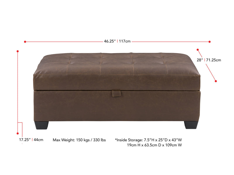 dark brown Tufted Ottoman with Storage Antonio Collection measurements diagram by CorLiving
