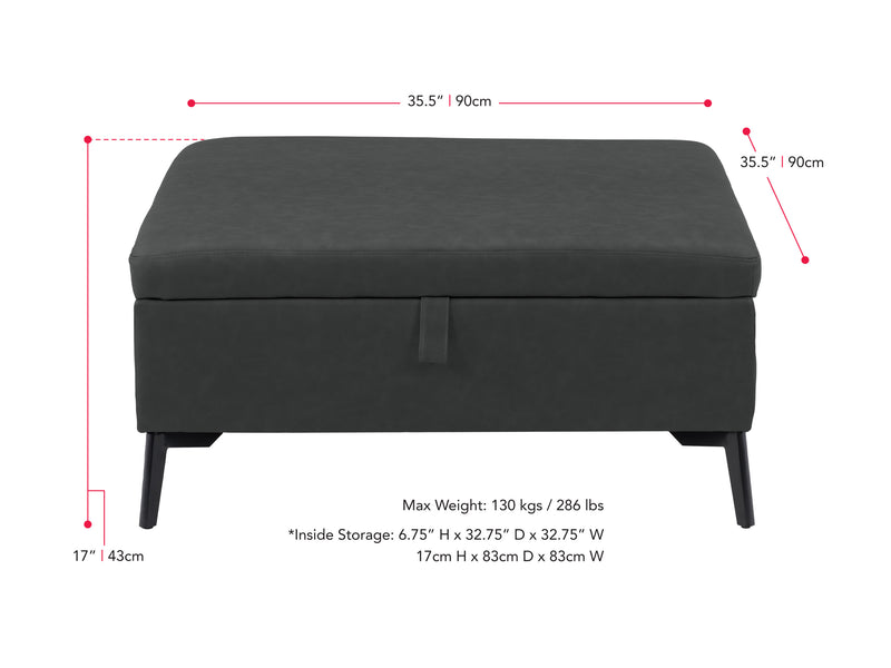 black Mid-Century Modern Ottoman Linden Collection measurements diagram by CorLiving