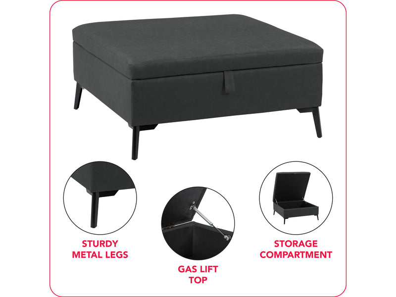 black Mid-Century Modern Ottoman Linden Collection infographic by CorLiving