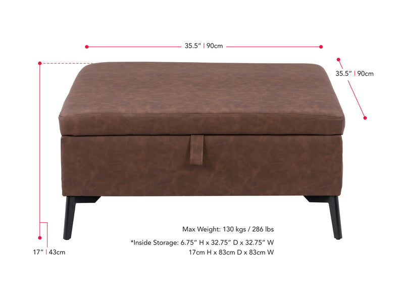 dark brown Mid-Century Modern Ottoman Linden Collection measurements diagram by CorLiving