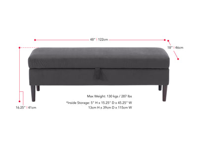 dark grey Velvet Storage Bench Perry Collection measurements diagram by CorLiving#color_perry-dark-grey