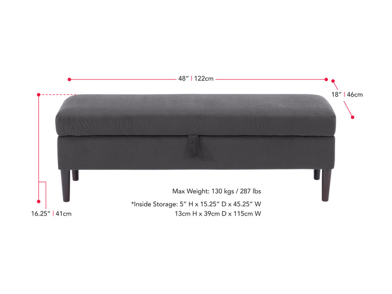 dark grey Velvet Storage Bench Perry Collection measurements diagram by CorLiving