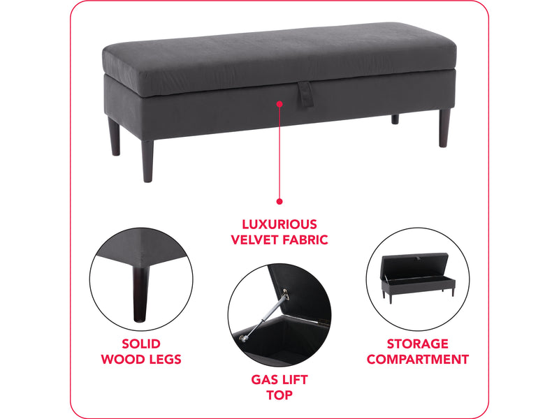 dark grey Velvet Storage Bench Perry Collection infographic by CorLiving