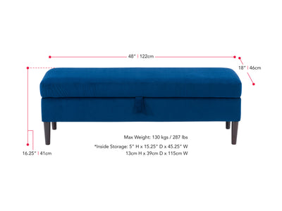 blue Velvet Storage Bench Perry Collection measurements diagram by CorLiving#color_perry-blue