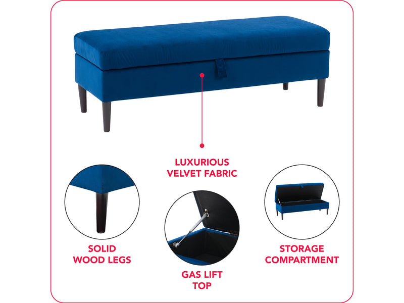blue Velvet Storage Bench Perry Collection infographic by CorLiving