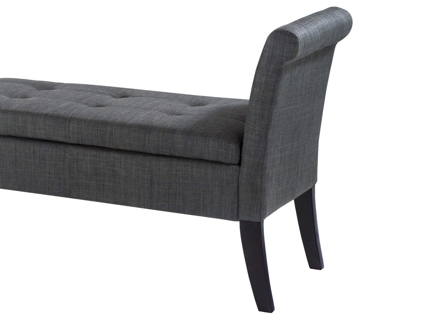 Dark brown wooden storage bench with slatted back, armrests, and a cushioned seat. Features a spacious storage compartment under the seat. Ideal for entryways or living rooms.