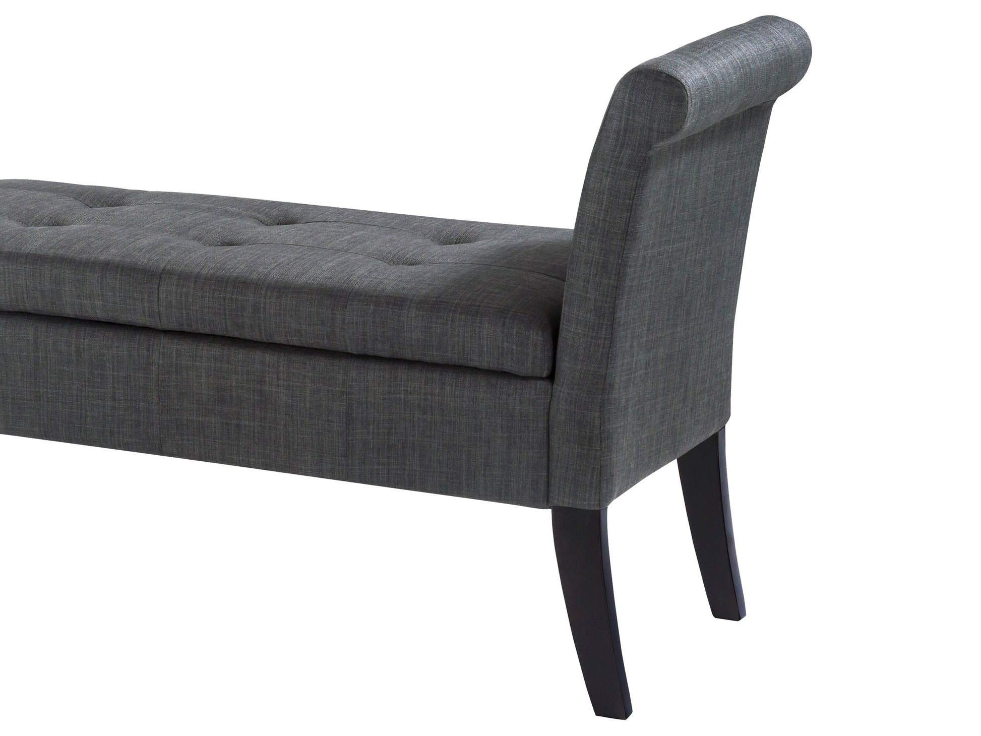 Dark brown wooden storage bench with slatted back, armrests, and a cushioned seat. Features a spacious storage compartment under the seat. Ideal for entryways or living rooms.