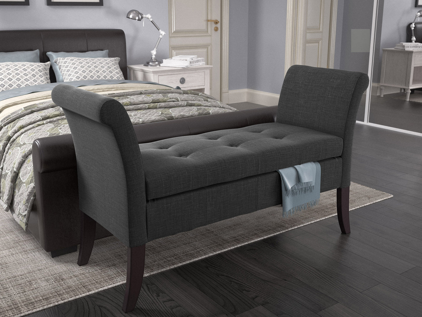 Gray upholstered storage bench with arms, button-tufted backrest, wooden legs, and spacious under-seat storage. Ideal for entryways, bedrooms, or living rooms.