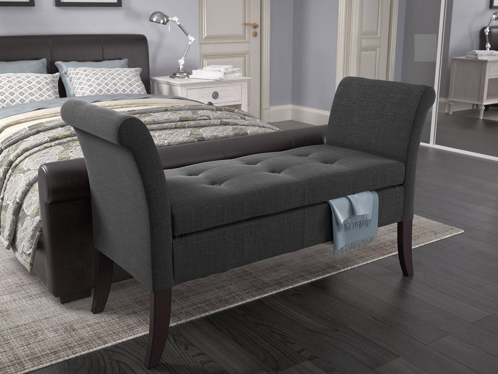 Gray upholstered storage bench with arms, button-tufted backrest, wooden legs, and spacious under-seat storage. Ideal for entryways, bedrooms, or living rooms.