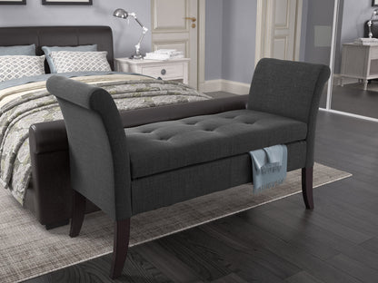 Gray upholstered storage bench with arms, button-tufted backrest, wooden legs, and spacious under-seat storage. Ideal for entryways, bedrooms, or living rooms.
