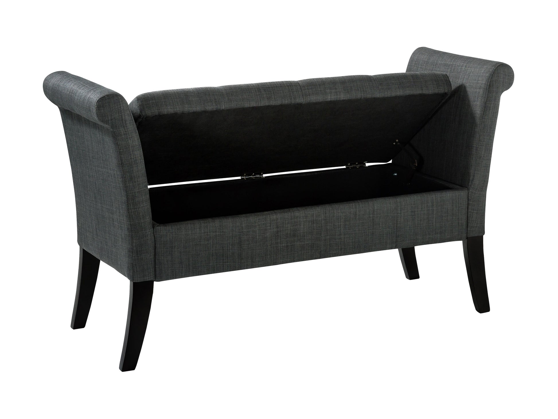 Light gray storage bench with arms, featuring a cushioned seat, tufted backrest, wooden legs, and built-in storage compartment, perfect for entryways or bedrooms.