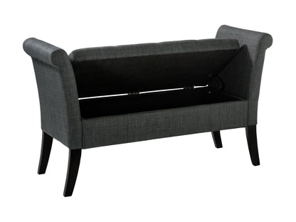 Light gray storage bench with arms, featuring a cushioned seat, tufted backrest, wooden legs, and built-in storage compartment, perfect for entryways or bedrooms.