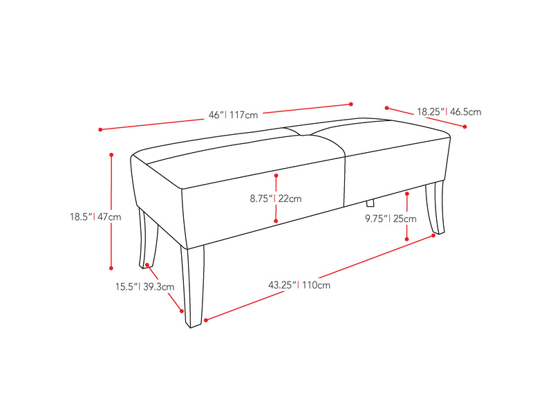 Black Bench Antonio Collection measurements diagram by CorLiving