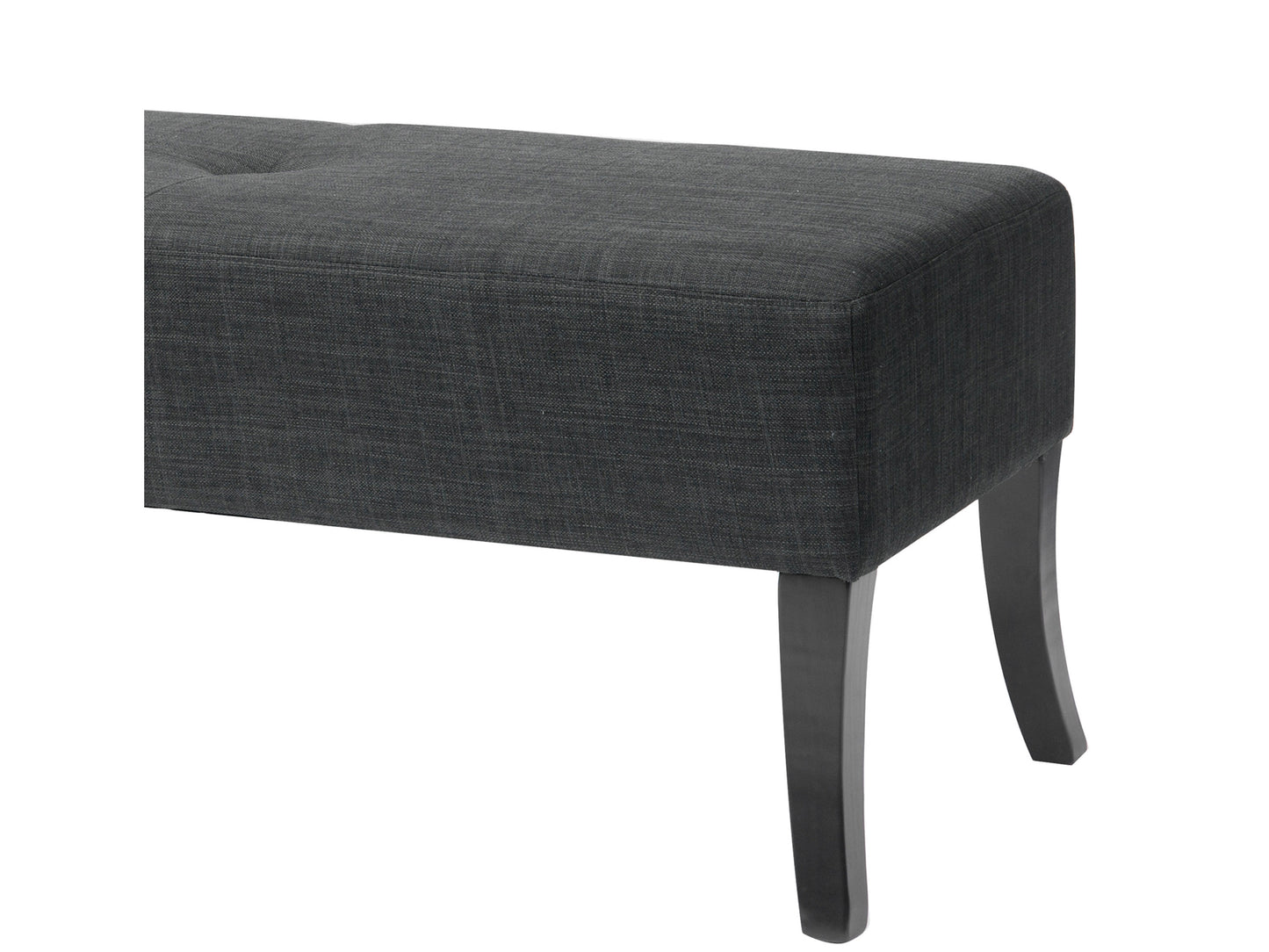Upholstered bench with dark wood legs, featuring a beige linen fabric seat and button-tufted design for added elegance and comfort.