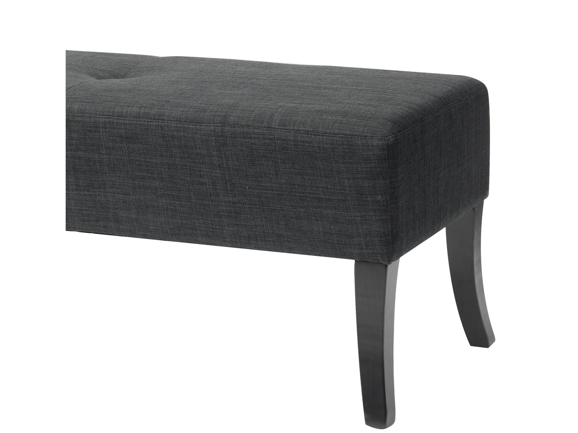 Upholstered bench with dark wood legs, featuring a beige linen fabric seat and button-tufted design for added elegance and comfort.
