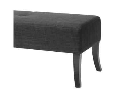 Upholstered bench with dark wood legs, featuring a beige linen fabric seat and button-tufted design for added elegance and comfort.