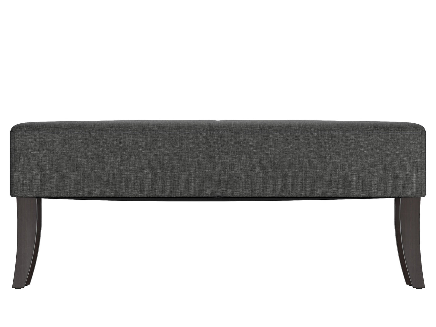 Gray upholstered bench with wooden legs, featuring a tufted cushion and sleek modern design, perfect for entryways or living rooms.