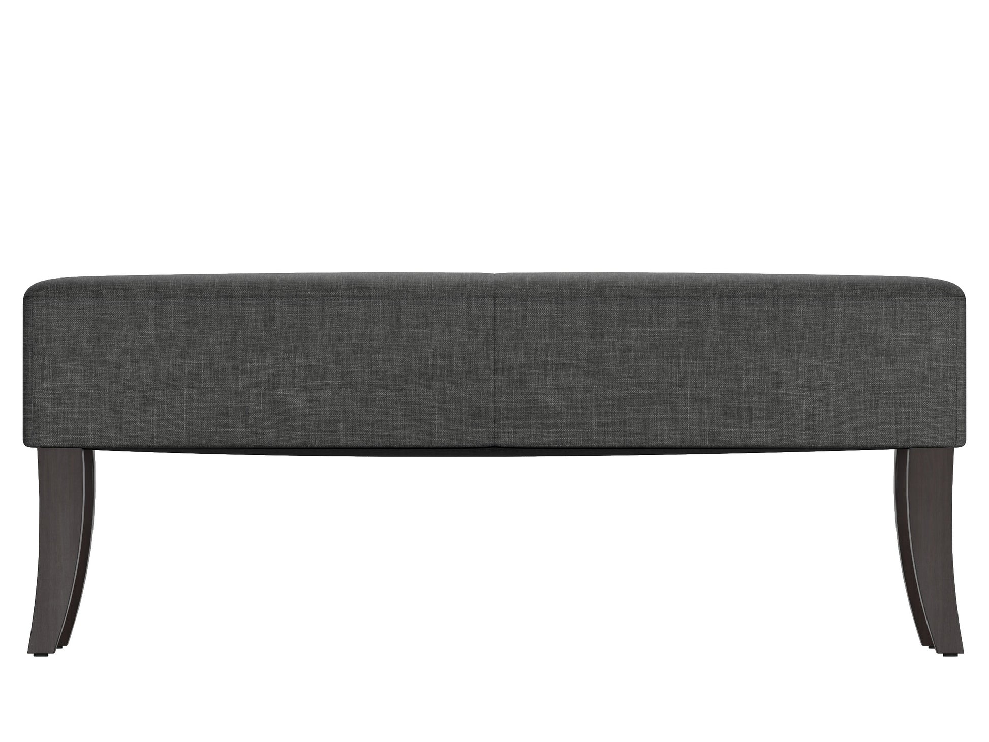 Gray upholstered bench with wooden legs, featuring a tufted cushion and sleek modern design, perfect for entryways or living rooms.