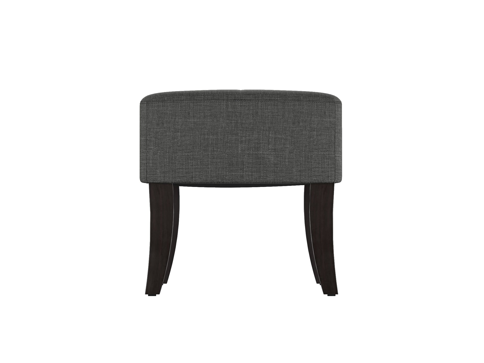 Gray upholstered bench with tufted seat, dark wooden legs, and sleek modern design. Ideal for living rooms or bedrooms.