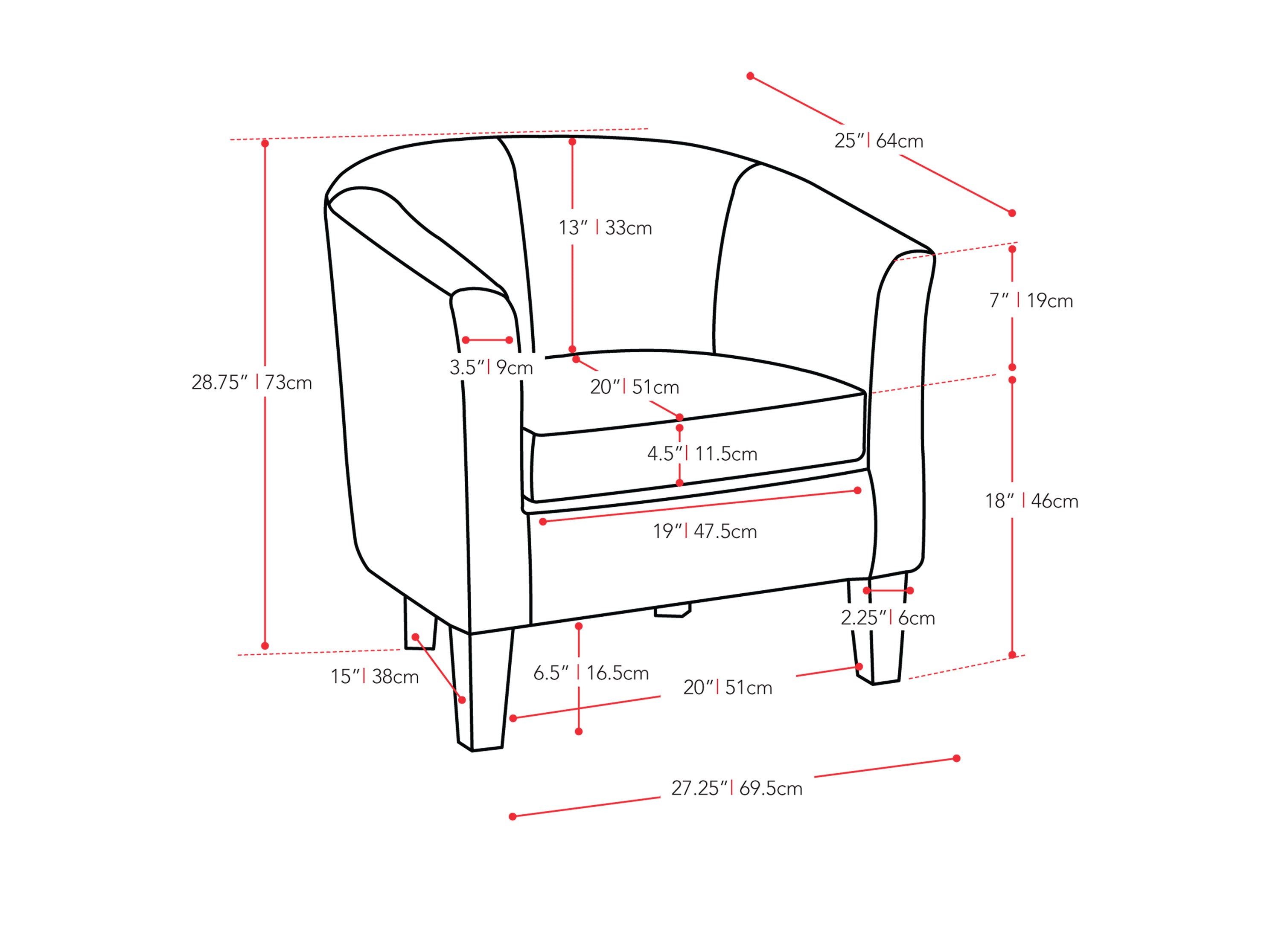 dark grey Barrel Chair Sasha Collection measurements diagram  by CorLiving#color_sasha-dark-grey