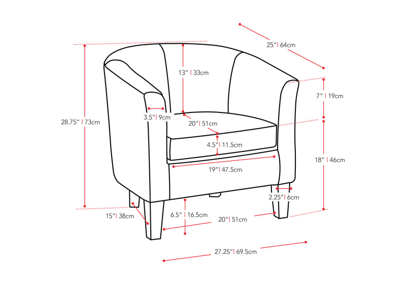 dark grey Barrel Chair Sasha Collection measurements diagram  by CorLiving