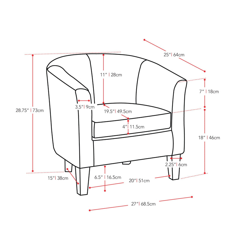 black Leather Barrel Chair Sasha Collection measurements diagram by CorLiving