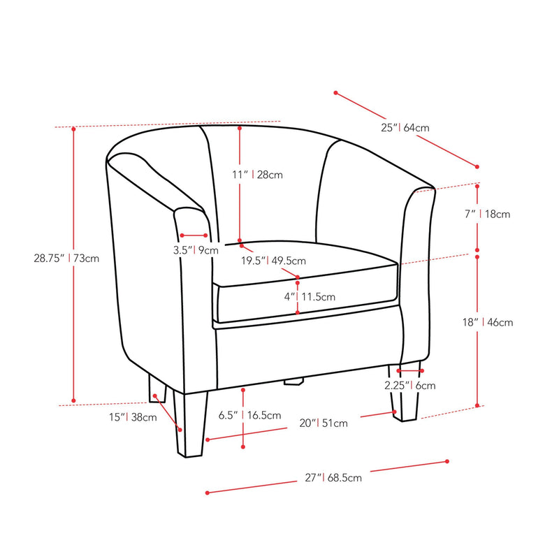 white Leather Barrel Chair Sasha Collection measurements diagram by CorLiving
