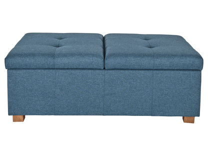 Gray double storage ottoman with tufted fabric, wooden legs, and spacious interior storage compartments, ideal for living room or bedroom organization and seating.