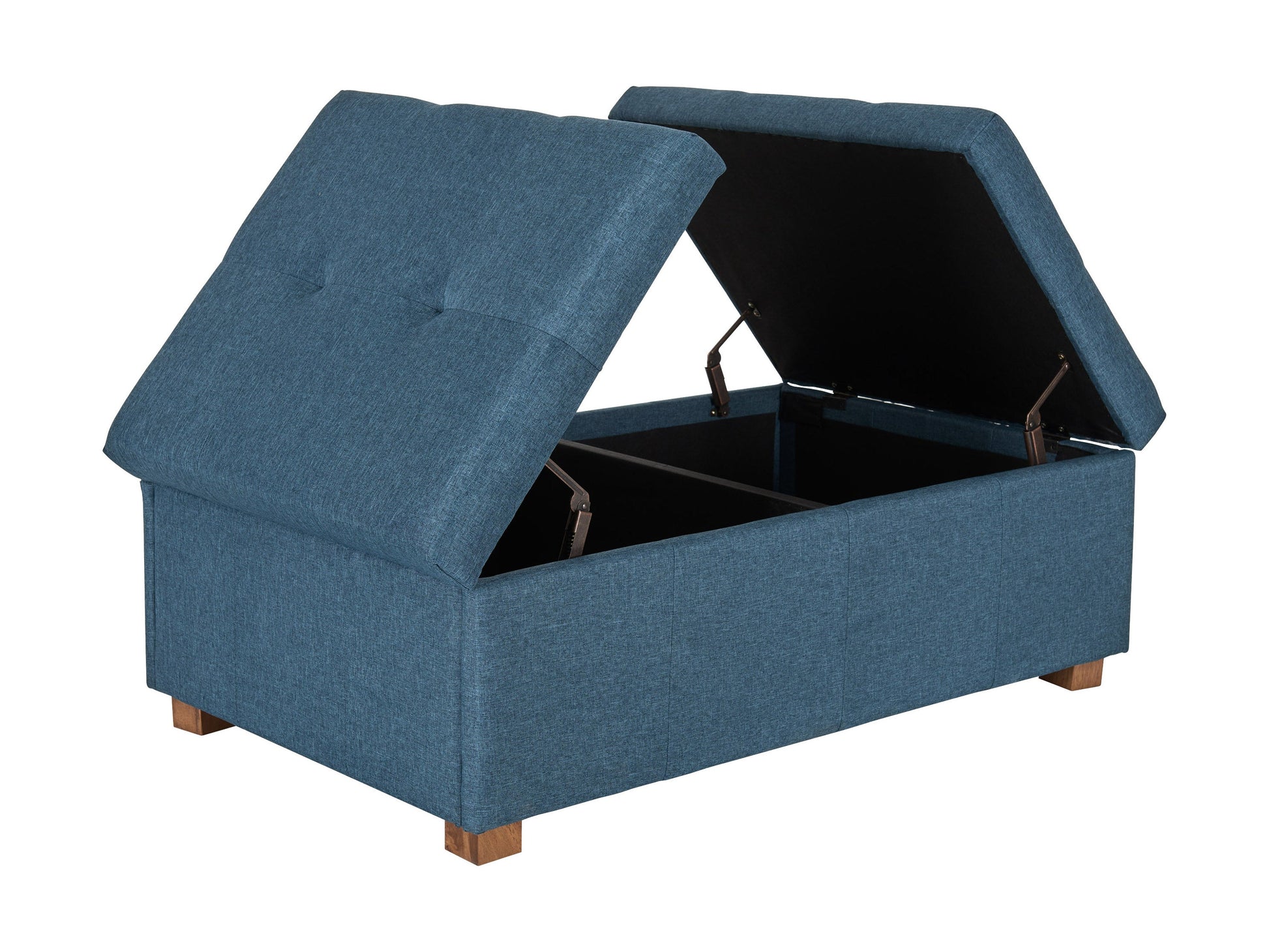 Gray double storage ottoman with tufted top, faux leather upholstery, and wooden legs, featuring a spacious interior for storage and a sleek modern design perfect for living room or bedroom use.