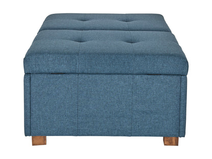 Gray double storage ottoman with tufted top, soft fabric upholstery, and wooden legs. Ideal for living room or bedroom, offering extra seating and hidden storage space.