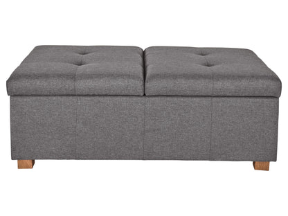 Gray double storage ottoman with tufted top, wooden legs, and spacious interior. Perfect for living room or bedroom, offering both seating and hidden storage. Modern design with durable fabric upholstery.
