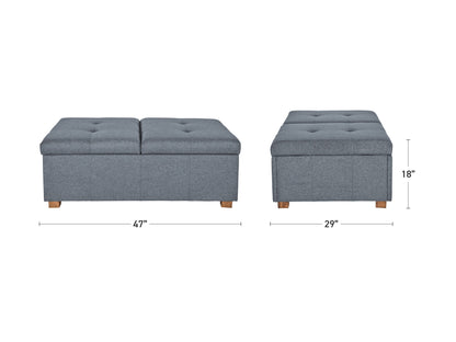Gray double storage ottoman with tufted top, upholstered in soft fabric, featuring spacious interior compartments and sturdy wooden legs. Ideal for living room or bedroom organization and seating.