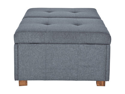 Modern double storage ottoman in light gray fabric with tufted top, wooden legs, and spacious interior compartment for versatile home storage and seating solution.