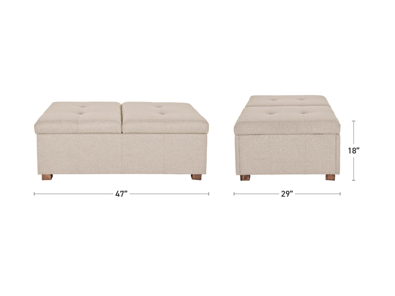 beige Double Storage Ottoman Bench Yves Collection measurements diagram by CorLiving